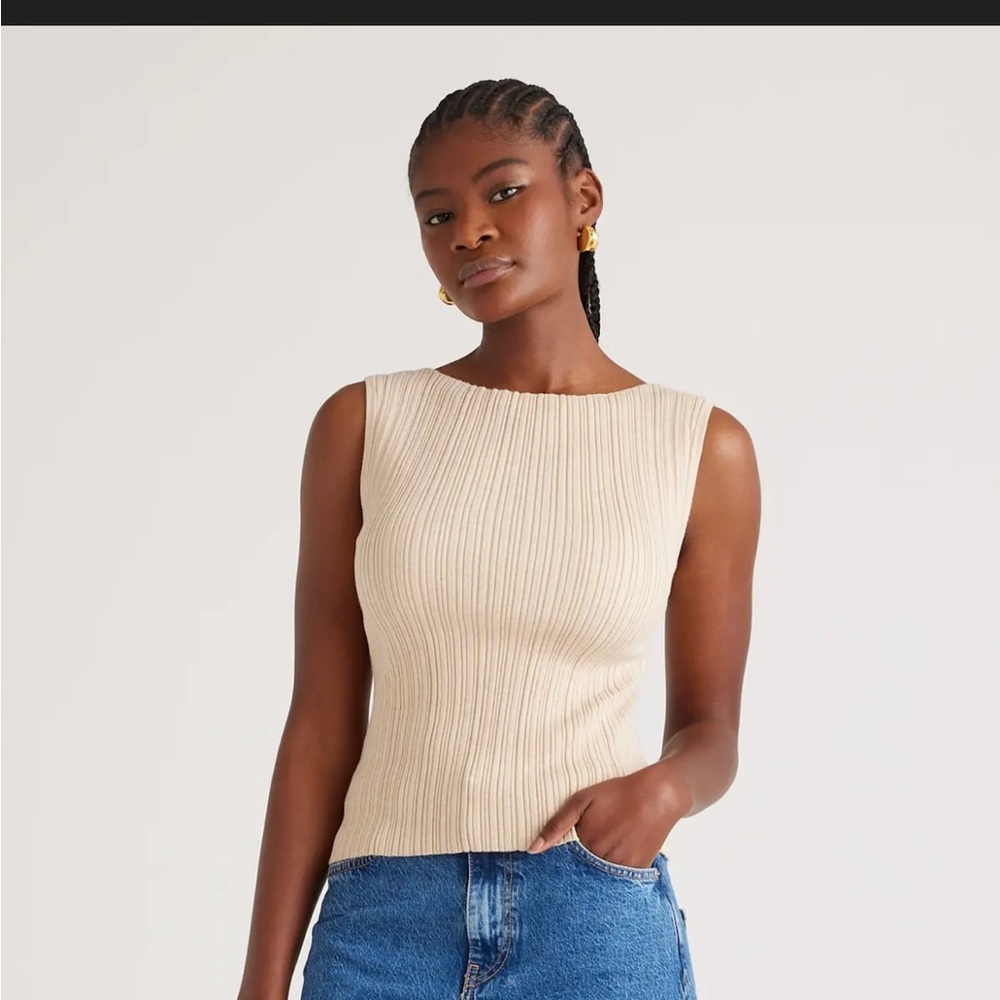 Quince Cream Ribbed Knit Top